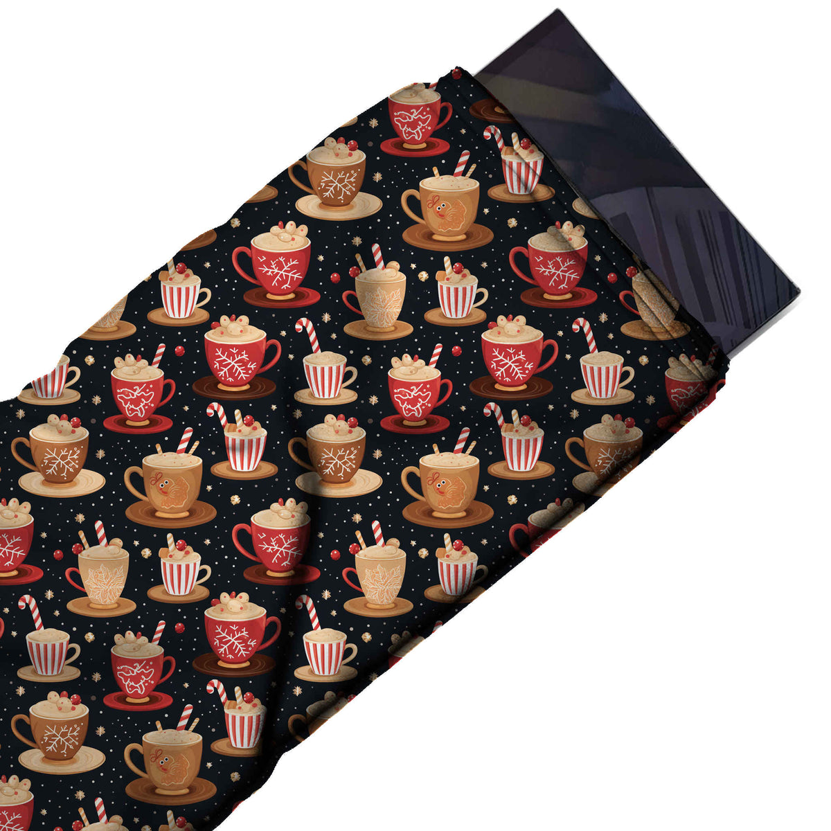Flat fabric swatch: close-set rows of red and tan cups on saucers with white snowflake, design Design No_4720, Clothwala