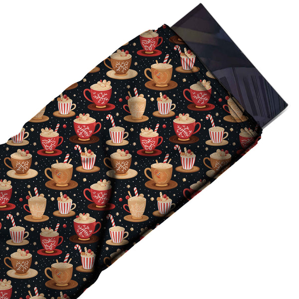 Black Navy & Peach Cream Snowflake Cups & Saucers Printed Printed American Crepe Fabric Fabric