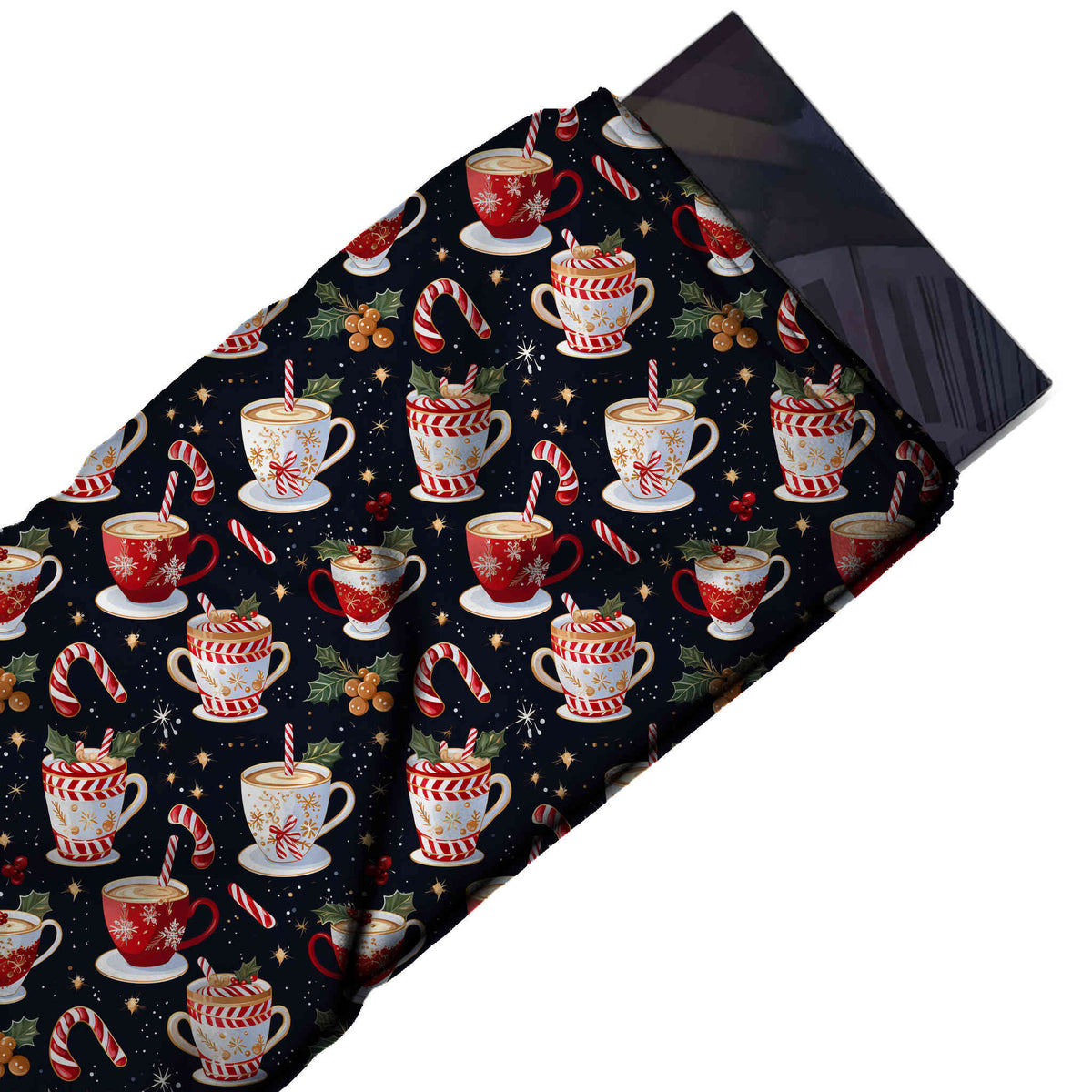 Flat fabric swatch: all-over one-way print of shaded white and red teacups on saucers with, design Design No_4712, Clothwala