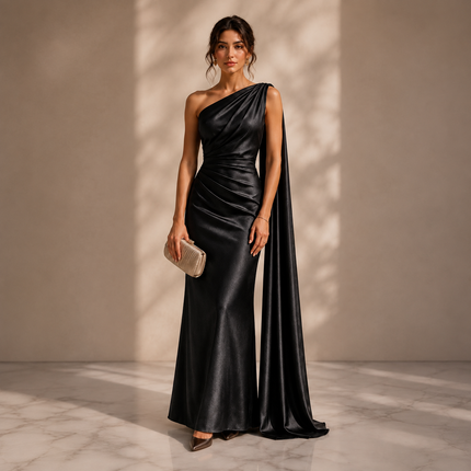 Black & Not Applicable Solid Poly Japanese Satin Fabric — design 385US-VBCT/DS-95, Clothwala