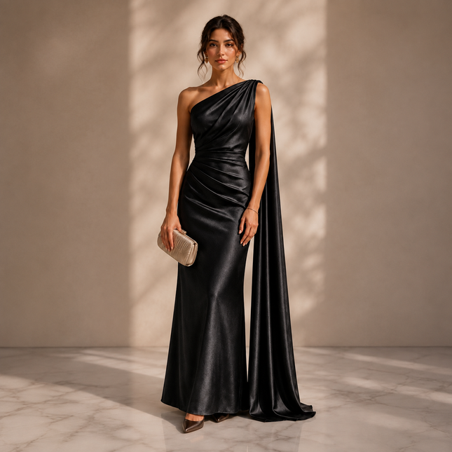 Black & Not Applicable Solid Poly Japanese Satin Fabric — design 385US-VBCT/DS-95, Clothwala