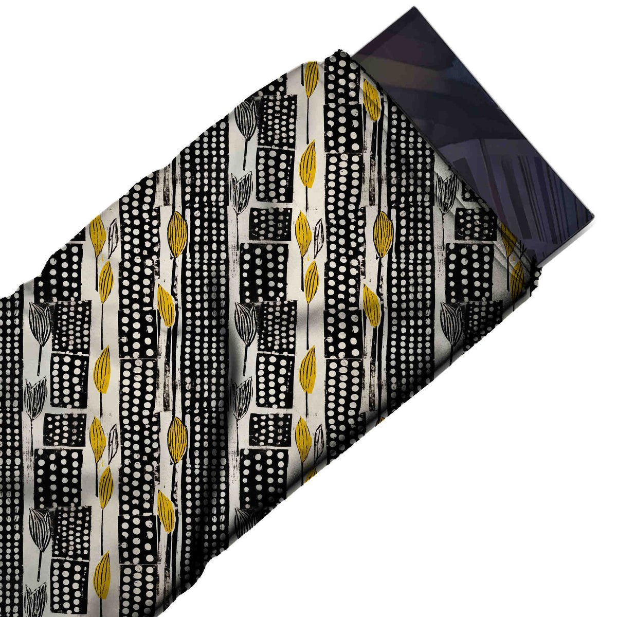 Flat fabric swatch: vertical stripe layout in a lino-cut style of black bands and stacked, design Design No_4105, Clothwala