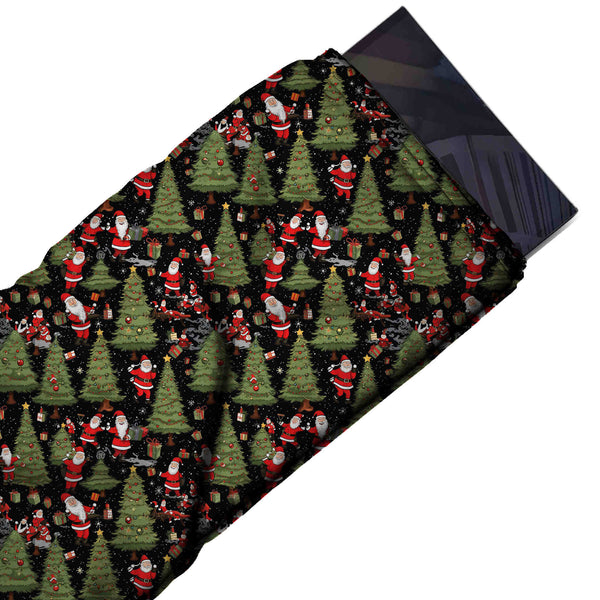 Black & Olive Green Dancing Santas & Trees Printed Printed American Crepe Fabric Fabric