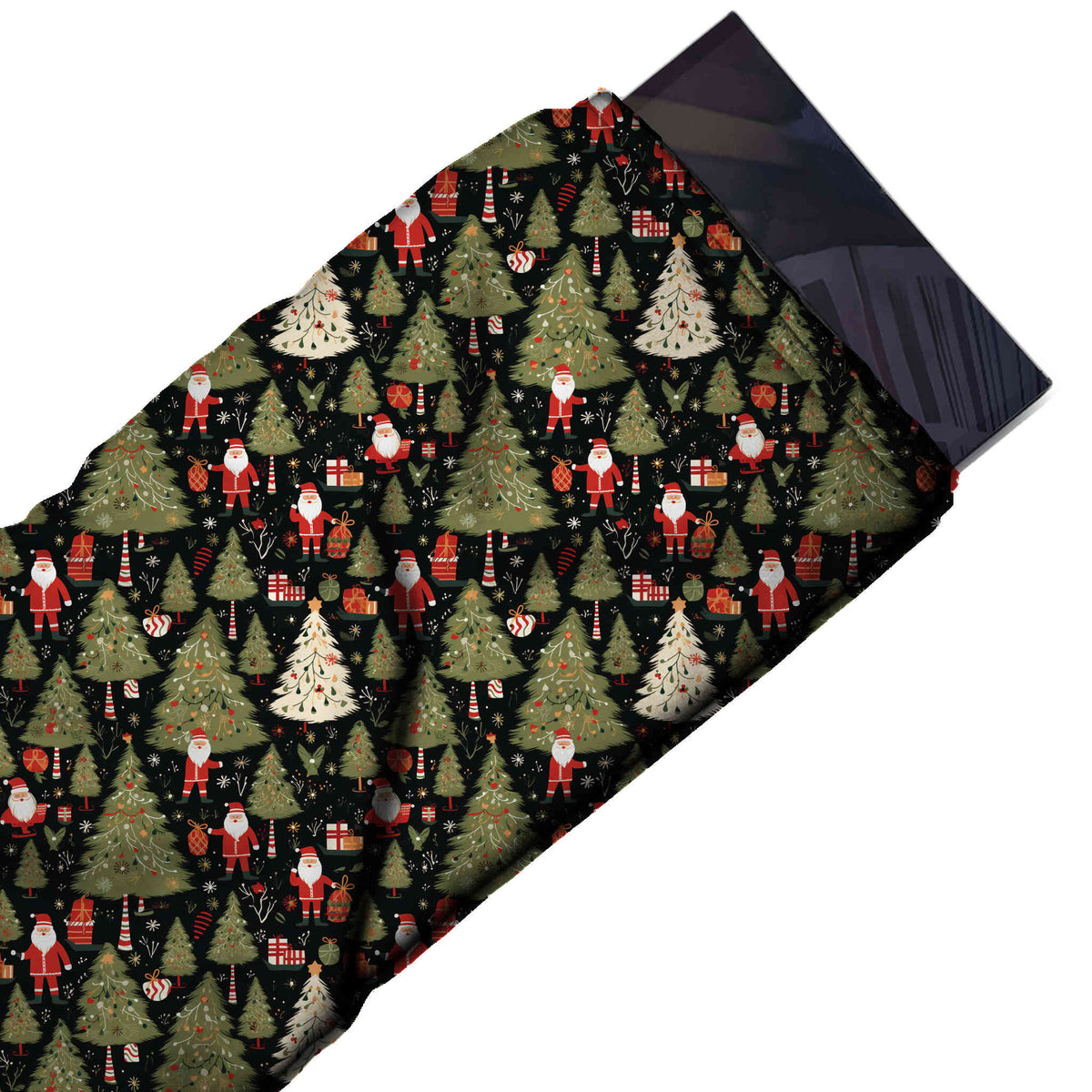 Flat fabric swatch: dense all-over one-way print of olive green garland-trimmed Christmas, design Design No_4798, Clothwala
