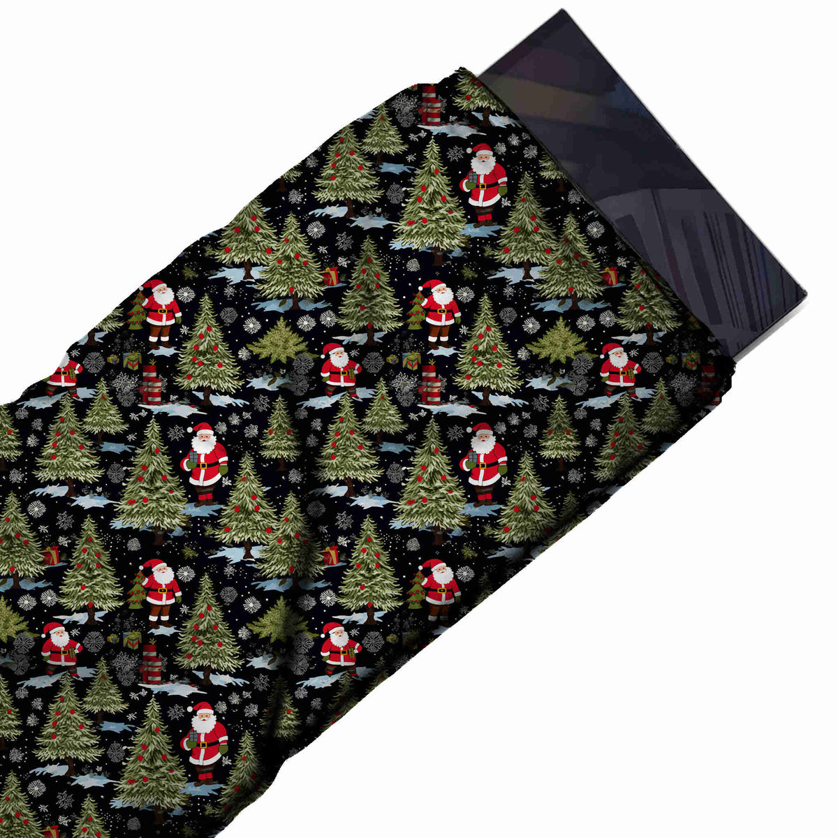 Flat fabric swatch: one-way all-over layout of detailed olive green fir trees hung with, design Design No_4771, Clothwala