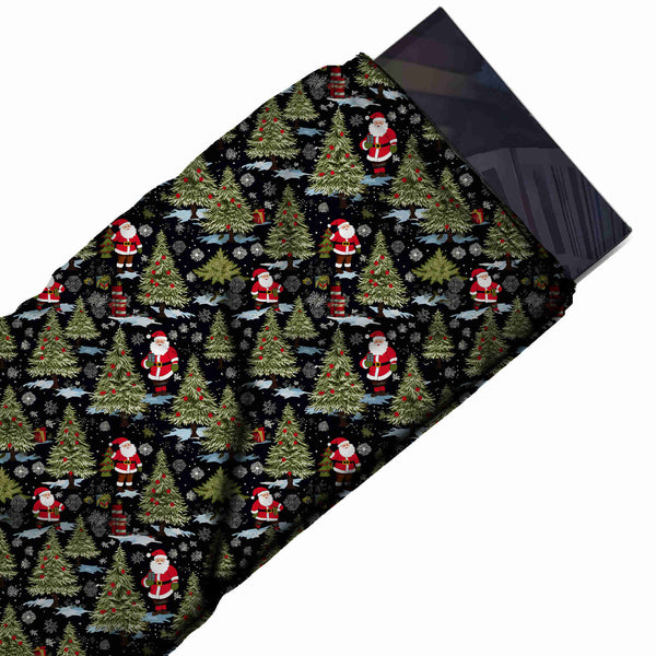 Black & Olive Green Santa & Decorated Firs Printed Printed American Crepe Fabric Fabric