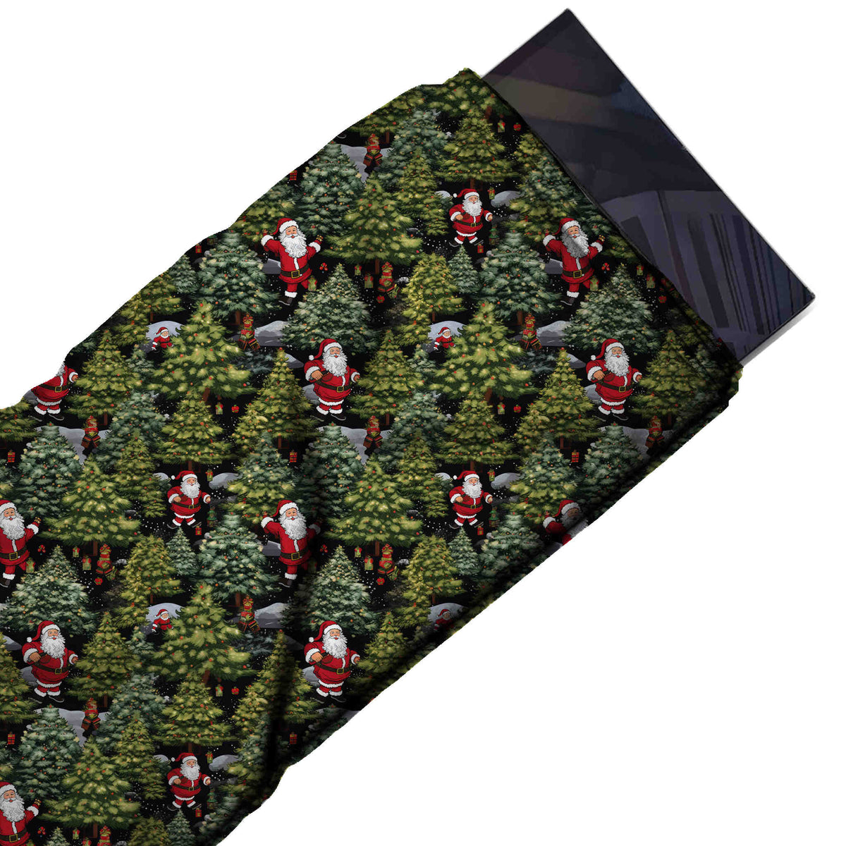 Flat fabric swatch: densely packed one-way print of shaded olive and dark green pine trees, design Design No_4793, Clothwala