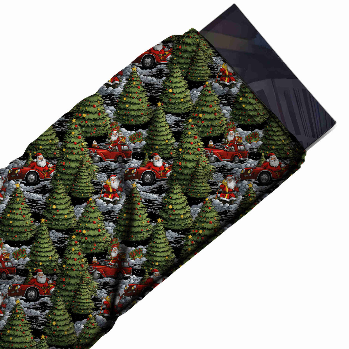Flat fabric swatch: dense one-way layout of large shaded olive green Christmas trees with, design Design No_4774, Clothwala