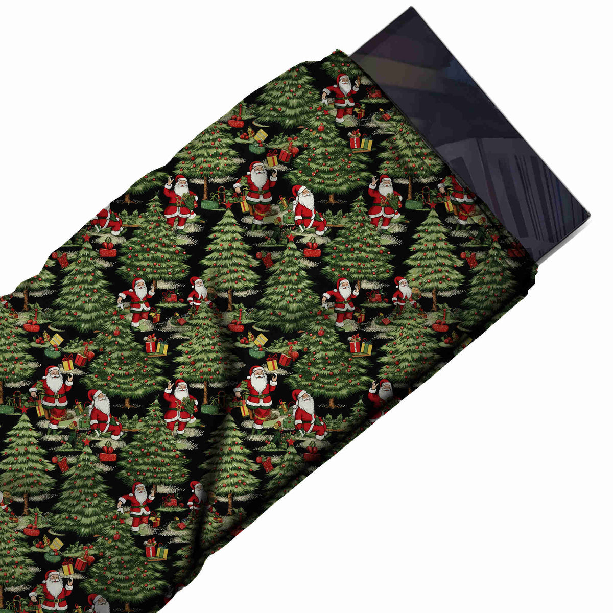 Flat fabric swatch: dense one-way layout of large shaded olive green fir trees with, design Design No_4786, Clothwala