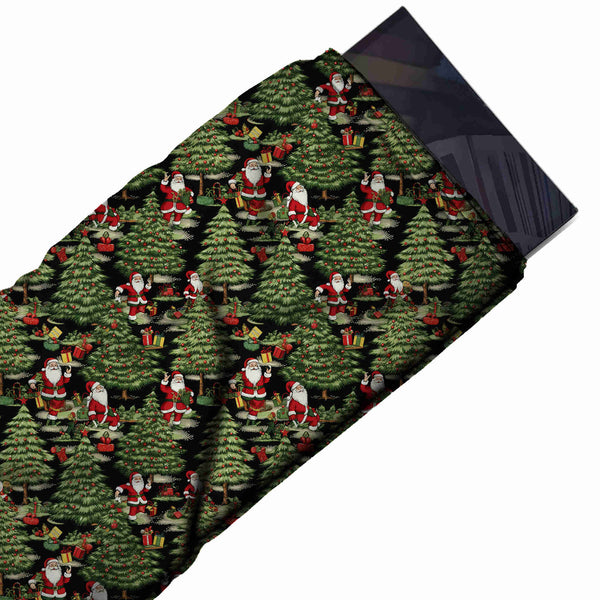 Black & Olive Green Shaggy Firs & Santa Printed Printed American Crepe Fabric Fabric