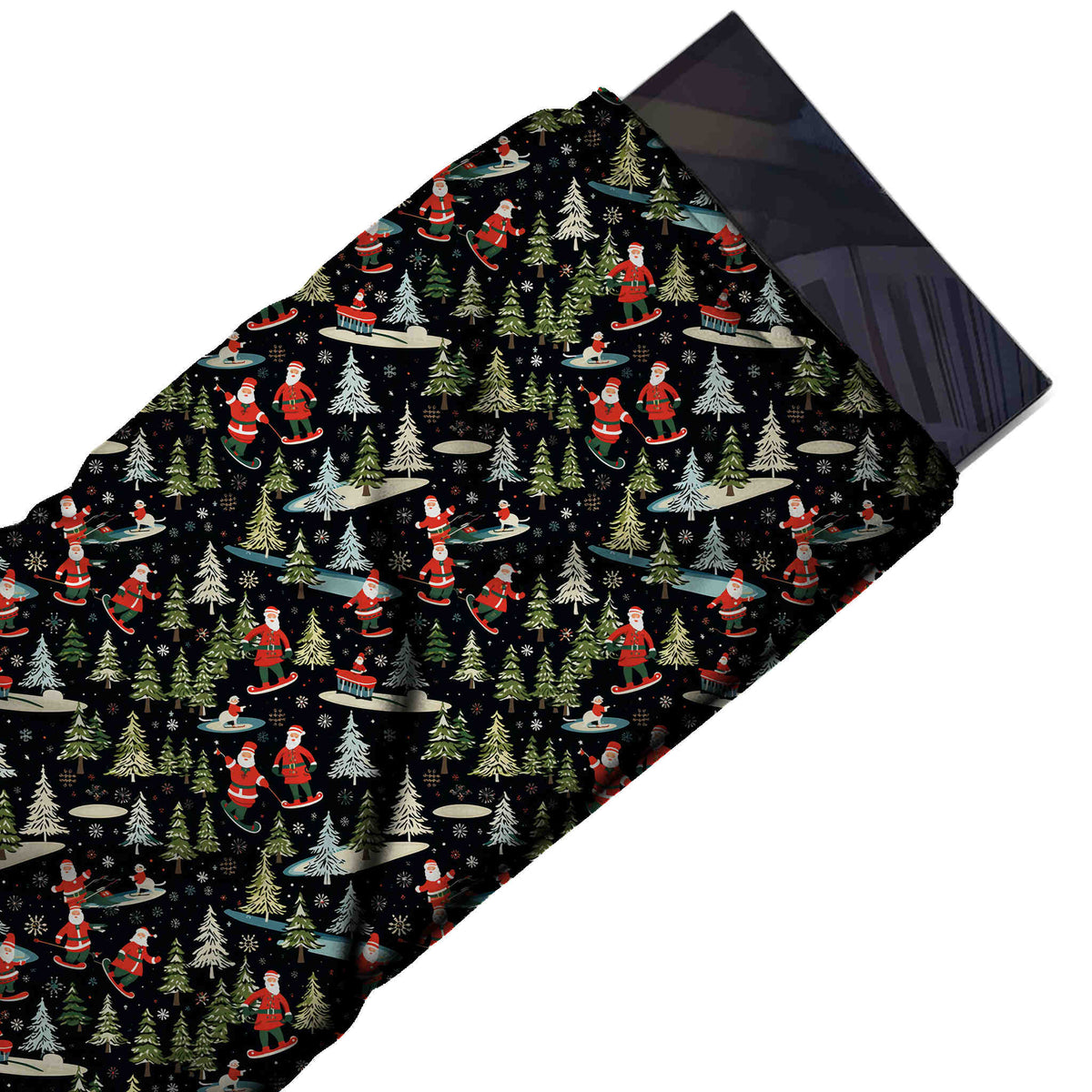 Flat fabric swatch: dense one-way layout of small red-suited Santas snowboarding and, design Design No_4785, Clothwala
