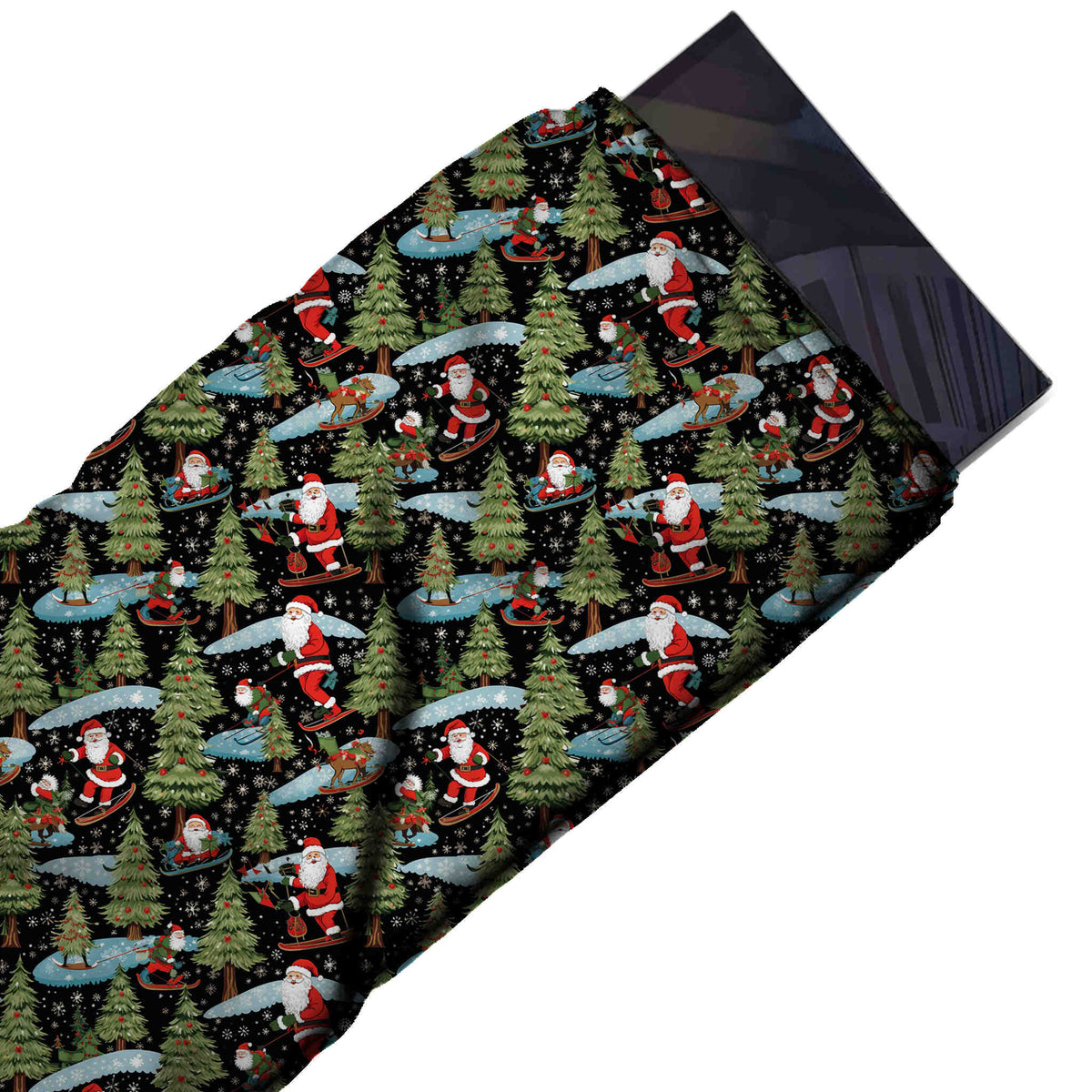 Flat fabric swatch: one-way all-over layout of red-suited Santas snowboarding and sledging, design Design No_4762, Clothwala