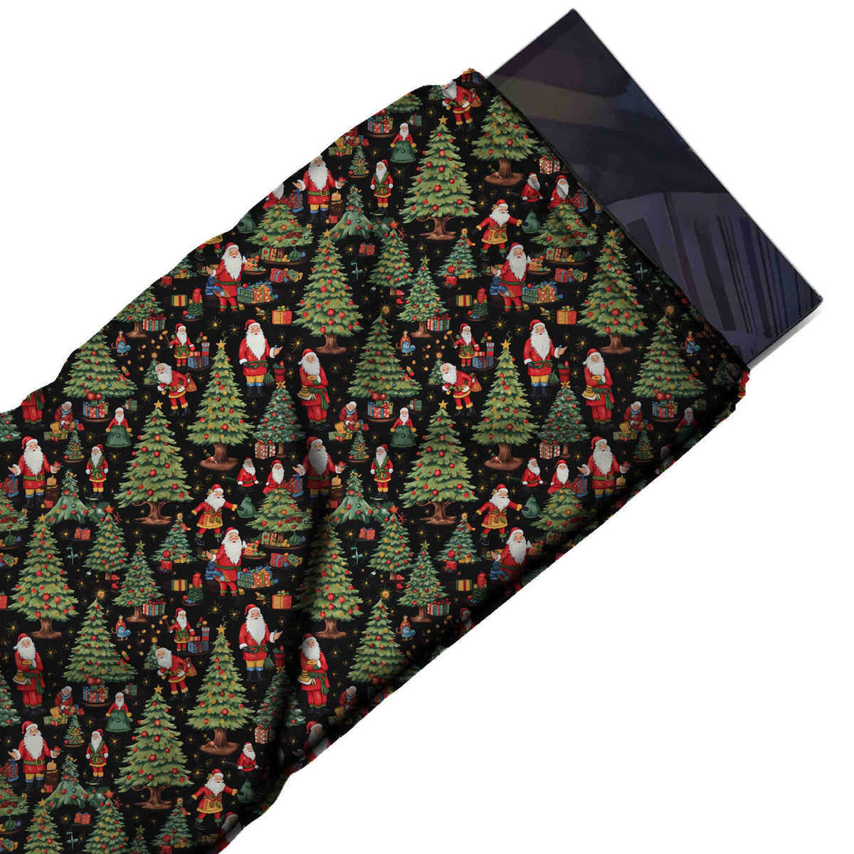 Flat fabric swatch: dense one-way layout of shaded olive green Christmas trees on stands, design Design No_4788, Clothwala