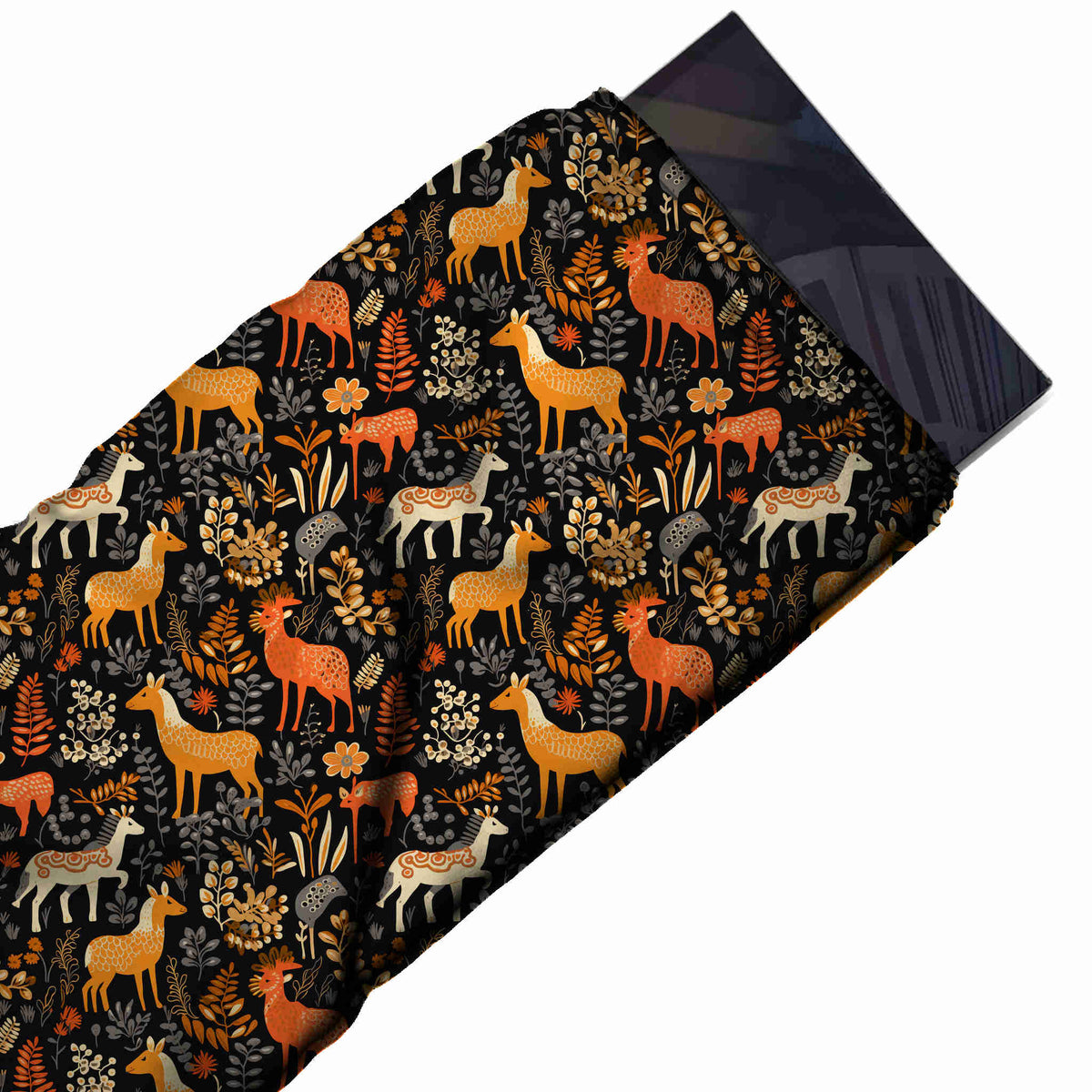 Black & Orange Amber Deer & Ferns Printed Moss Crepe Fabric - flat fabric swatch, design Design No_3862, Clothwala