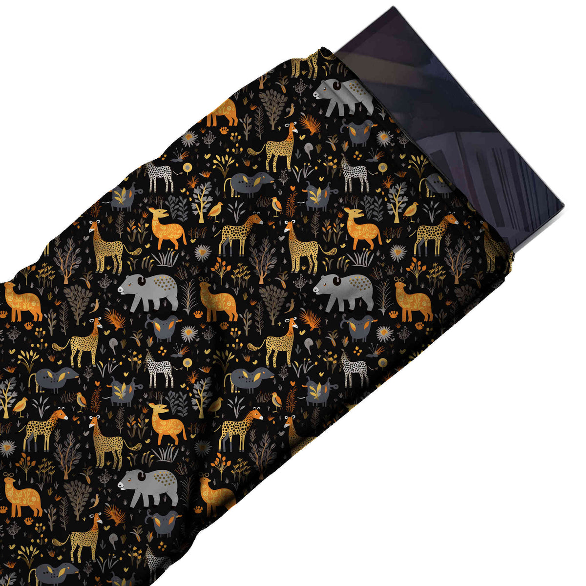 Black & Orange Giraffe & Rhino Safari Printed Moss Crepe Fabric - flat fabric swatch, design Design No_3853, Clothwala
