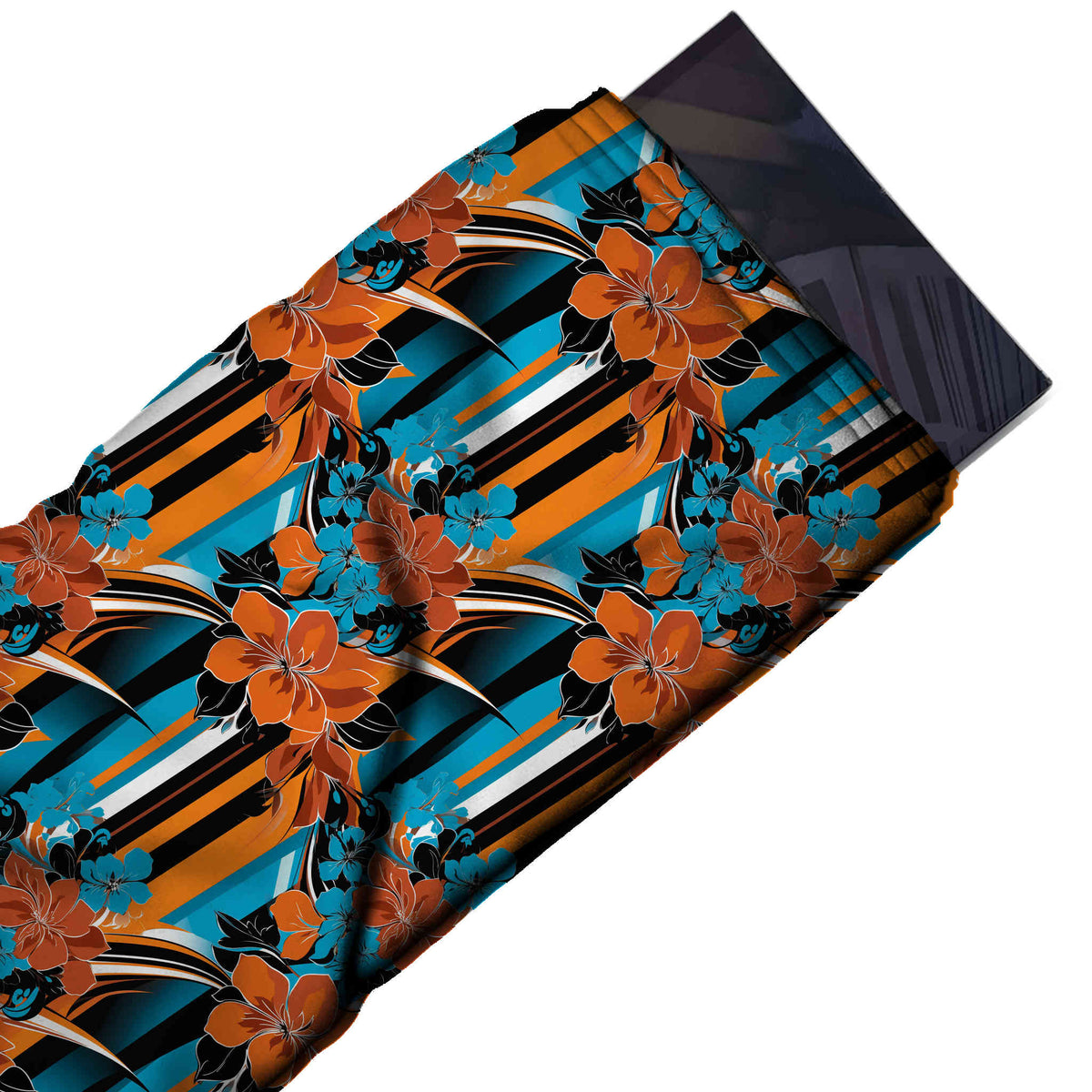 Flat fabric swatch: all-over medium-scale floral of orange and rust hibiscus-type flowers, design Design No_4304, Clothwala