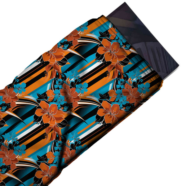 Black & Orange Hibiscus & Diagonal Stripe Printed Pure Natural Crepe Fabric
