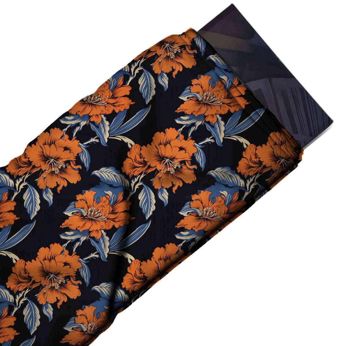 Flat fabric swatch: all-over large-scale floral of orange ruffled blooms with rust shading, design Design No_4298, Clothwala