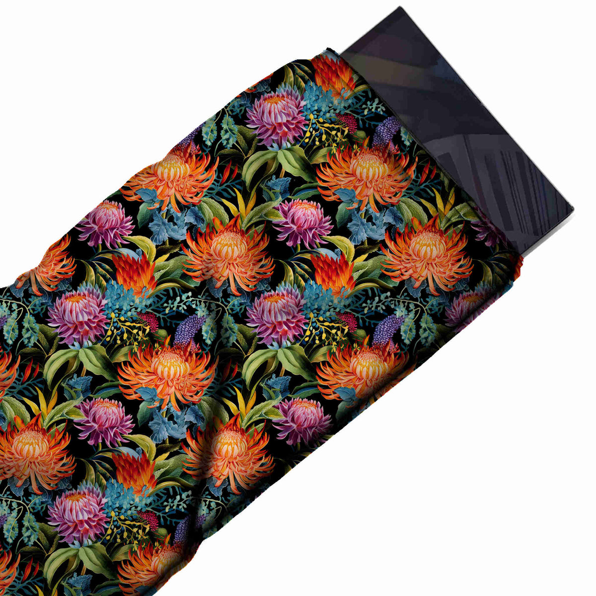 Flat fabric swatch: dense medium-scale floral of orange chrysanthemums and smaller magenta, design Design No_4485, Clothwala