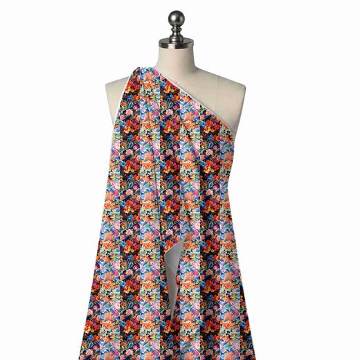 Black & Orange Red Patchwork Tropical Blooms Printed Pure Natural Crepe Fabric