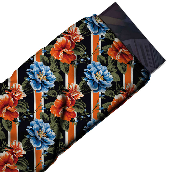 Black & Orange Red Peony Hibiscus & Stripe Printed Pure Natural Crepe Fabric