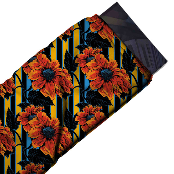 Black & Orange Red Rudbeckia & Yellow Stripe Printed Pure Natural Crepe Fabric