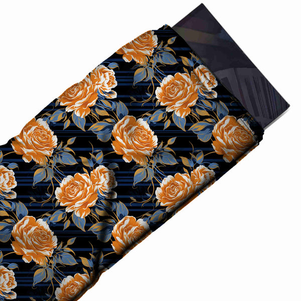 Black & Orange Rose & Blue Leaf Printed Pure Natural Crepe Fabric