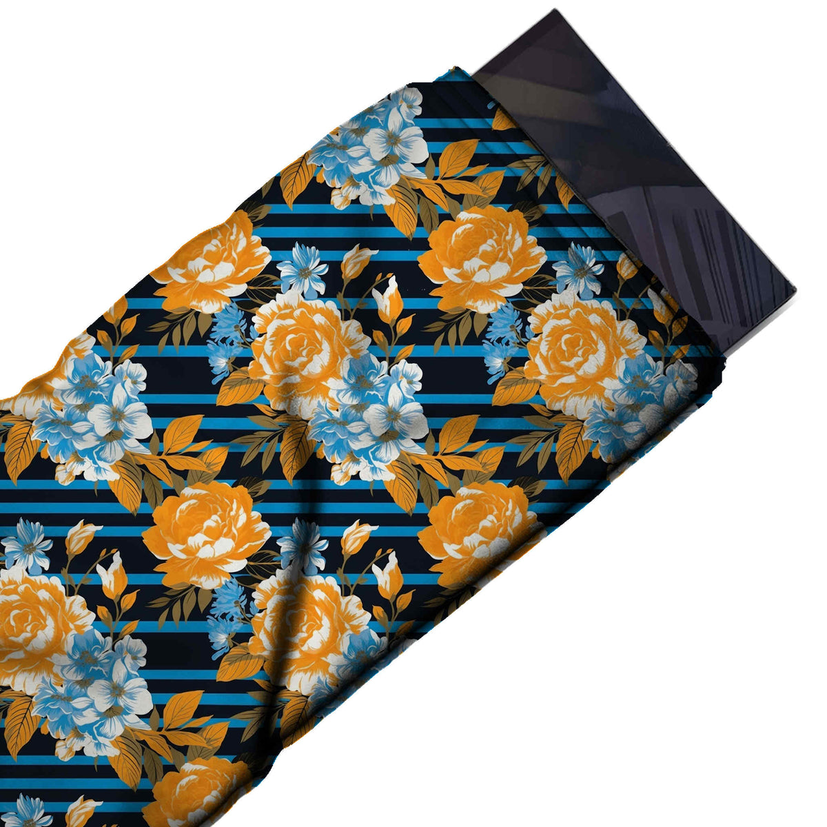 Flat fabric swatch: all-over medium-scale bouquets of orange roses with blue and white, design Design No_4291, Clothwala
