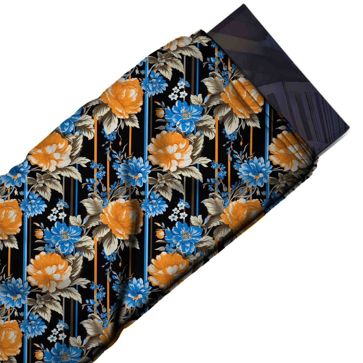 Flat fabric swatch: all-over medium-scale floral arranged in vertical columns of orange, design Design No_4308, Clothwala