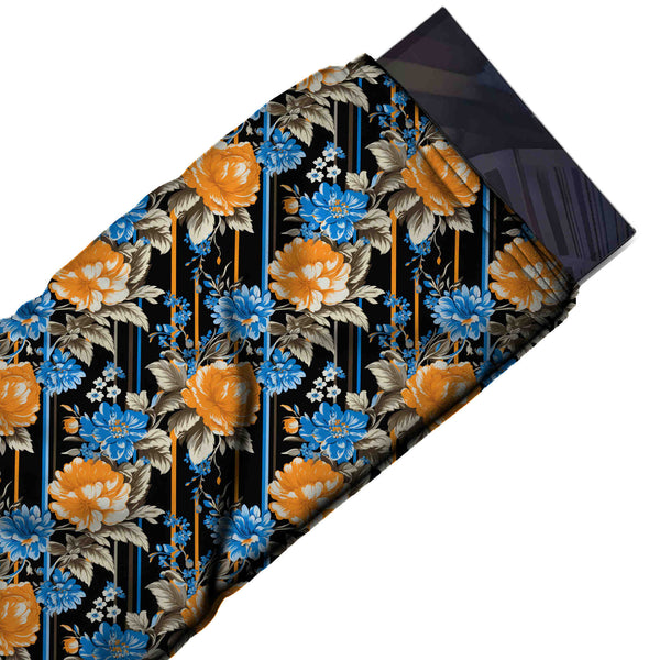 Black & Orange Rose Column & Pinstripe Printed Pure Natural Crepe Fabric