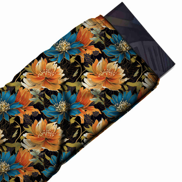 Black & Orange & Teal Lotus Printed Pure Natural Crepe Fabric