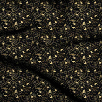 Black & Pale Gold Scroll Vine Printed Crepe Fabric