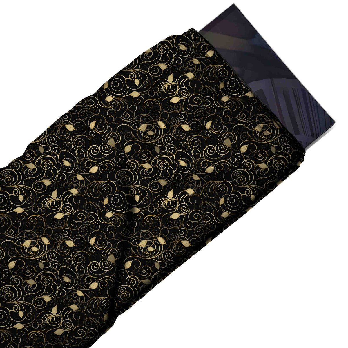 Flat fabric swatch: all-over small-scale fine-line scrolling vines and curls in antique gold, design 3705, Clothwala