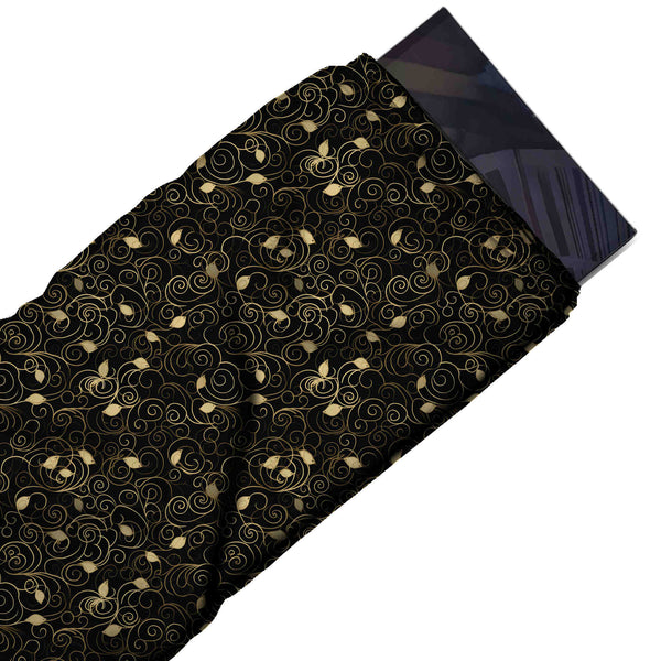 Black & Pale Gold Scroll Vine Printed Moss Crepe Fabric