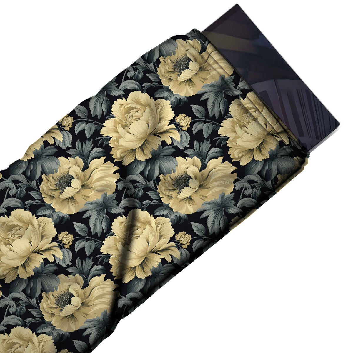 Black & Pale Yellow Lemon Peony & Grey Leaf Printed Moss Crepe Fabric - flat fabric swatch, design Design No_3767, Clothwala