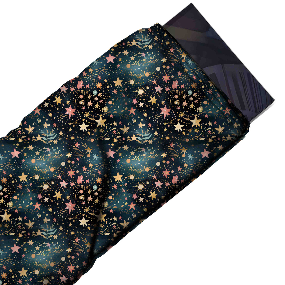 Flat fabric swatch: dense tossed scatter of small five-point stars in yellow, design Design No_4918, Clothwala