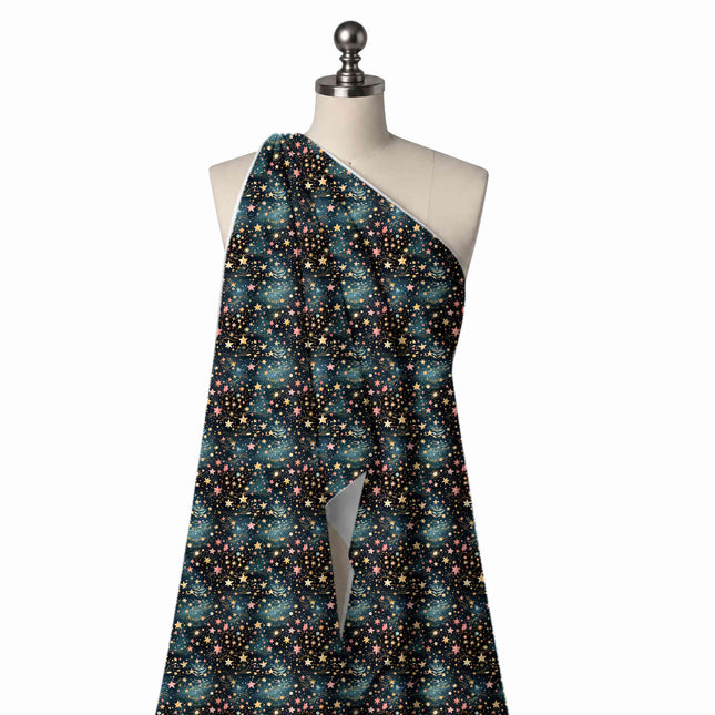 Draped on a mannequin: dense tossed scatter of small five-point stars in yellow, design Design No_4918, Clothwala