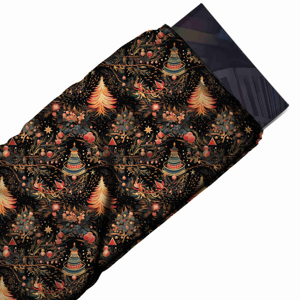 Black & Peach Orange Firs & Ornament Trees Printed Viscose Muslin Fabric
