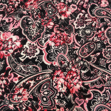 Black & Pink Floral Paisley Medallion Print Fabric — design 125BTL-PBSRSM/DS-598, Clothwala