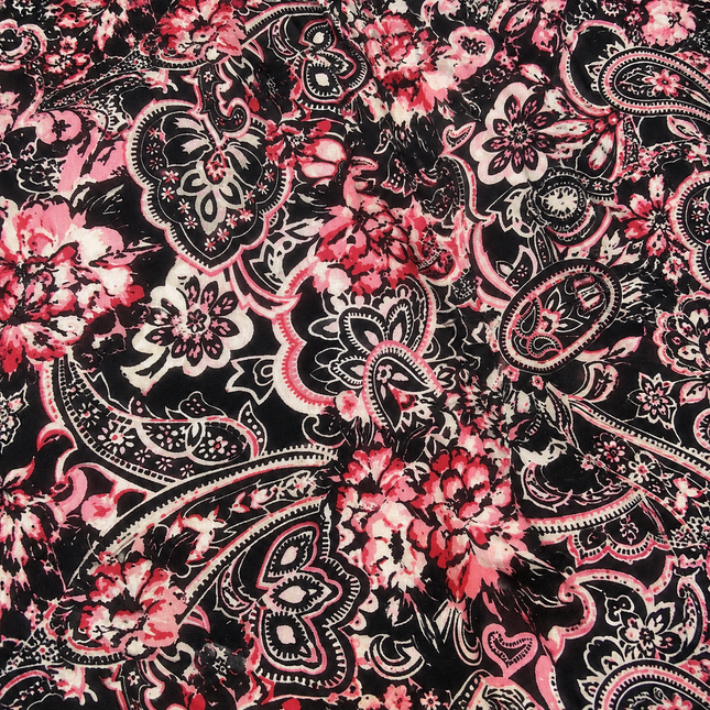 Black & Pink Floral Paisley Medallion Print Fabric — design 125BTL-PBSRSM/DS-598, Clothwala
