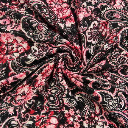 Black & Pink Floral Paisley Medallion Print Fabric — design 125BTL-PBSRSM/DS-598, Clothwala