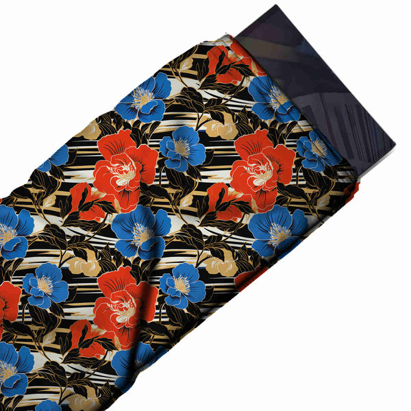 Black & Red & Blue Poppy Printed Pure Natural Crepe Fabric