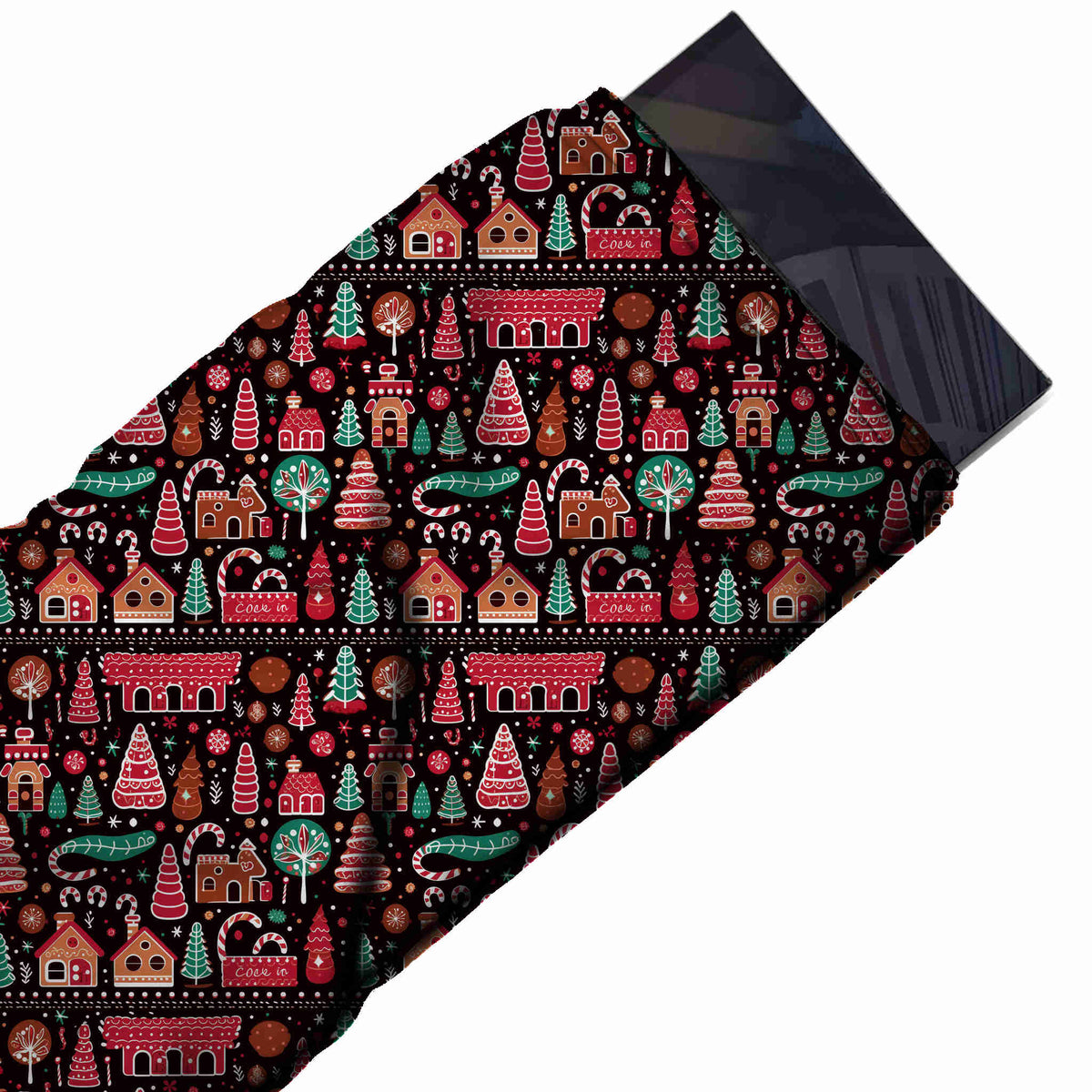 Flat fabric swatch: banded all-over Christmas print of ginger-brown gingerbread houses, design Design No_4611, Clothwala
