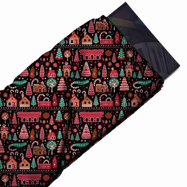 Black & Red Candy Village Bands Printed Pure Natural Crepe Fabric