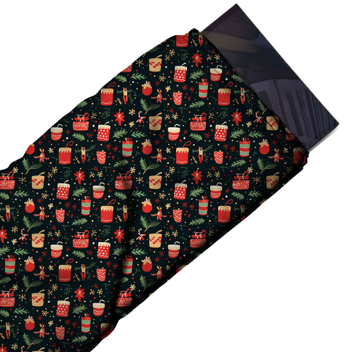 Flat fabric swatch: dense all-over festive print of small red patterned cups, design Design No_4684, Clothwala