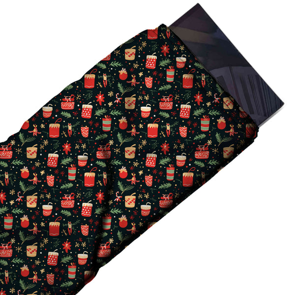 Black & Red Cups & Fir Sprigs Printed Pure Natural Crepe Fabric