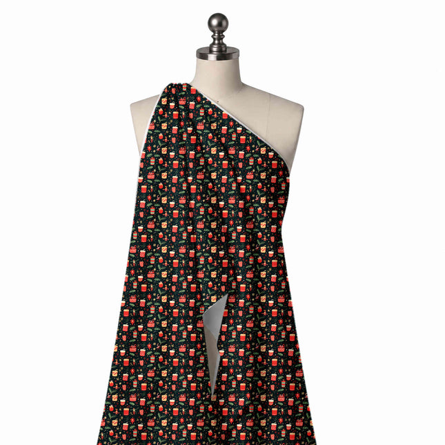 Draped on a mannequin: dense all-over festive print of small red patterned cups, design Design No_4684, Clothwala