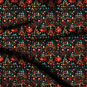 Black & Red Folk Baubles & Berries Printed Viscose Muslin Fabric