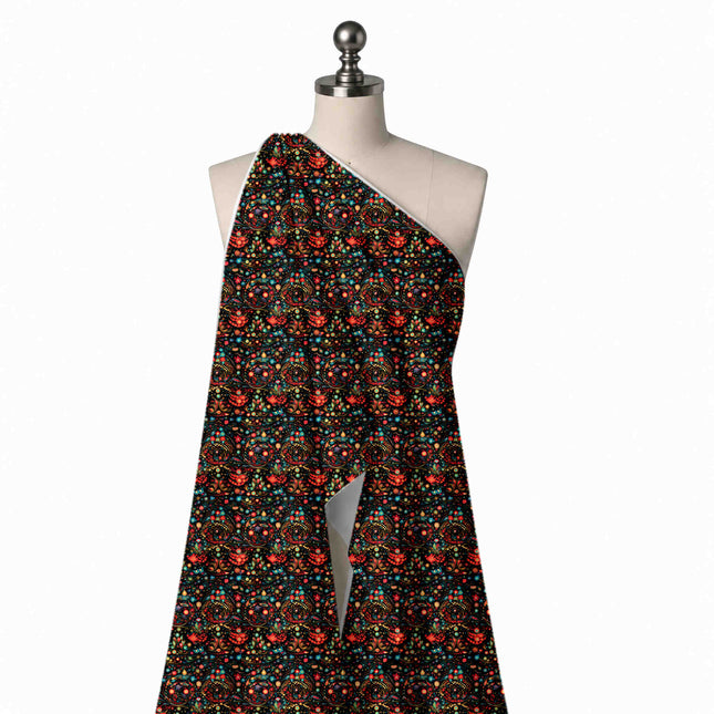 Draped on a mannequin: very dense banded folk-style print of round ornaments outlined in, design Design No_4926, Clothwala