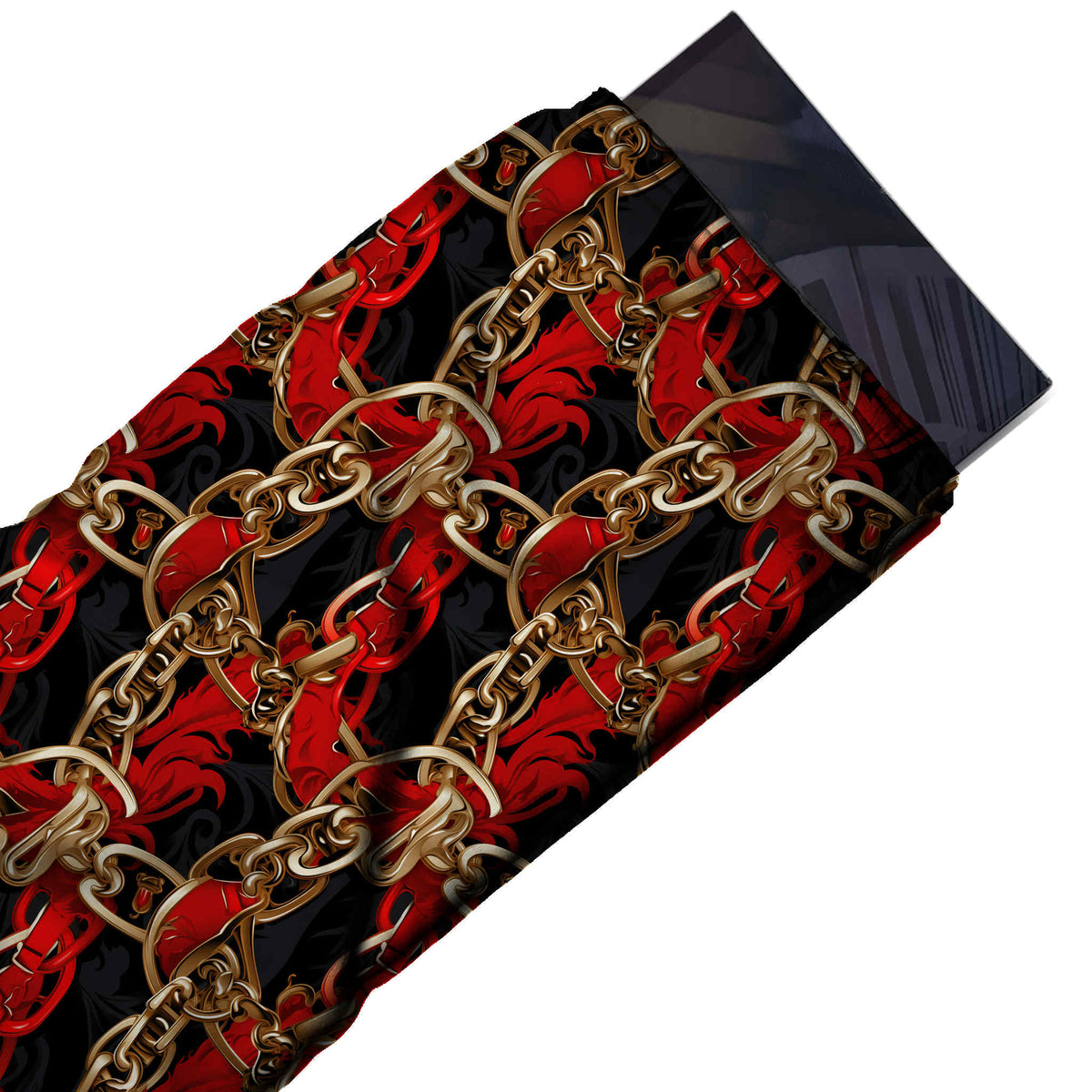 Black & Red Gold Chain & Red Straps Printed Moss Crepe Fabric - flat fabric swatch, design Design No_3756, Clothwala